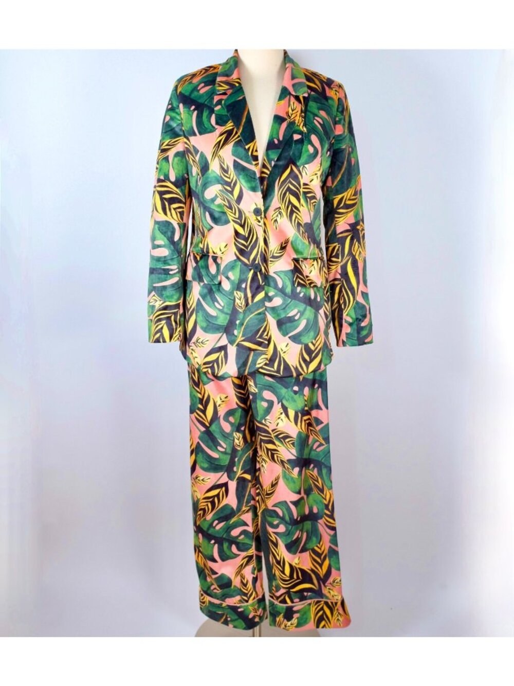 Farm Rio sz XS pant suit jacket velour palm tiger leaf tropical print